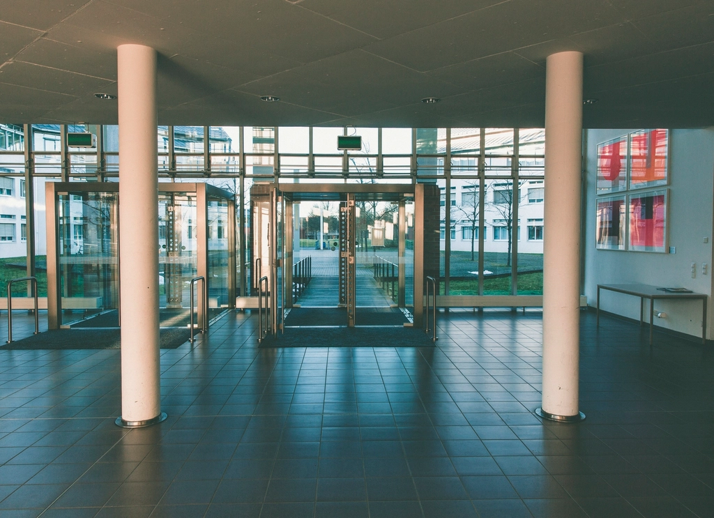 Glass entrance doors of a commercial building