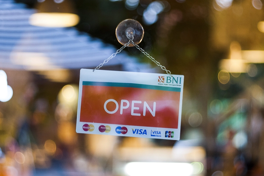 Shop door with an open sign