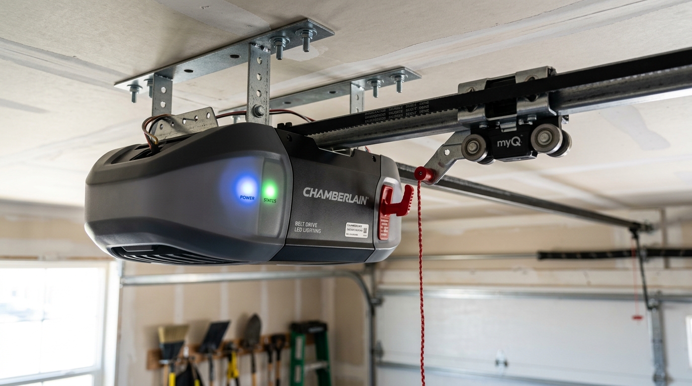 Overhead garage door opener motor, drive rail and sensor mechanism